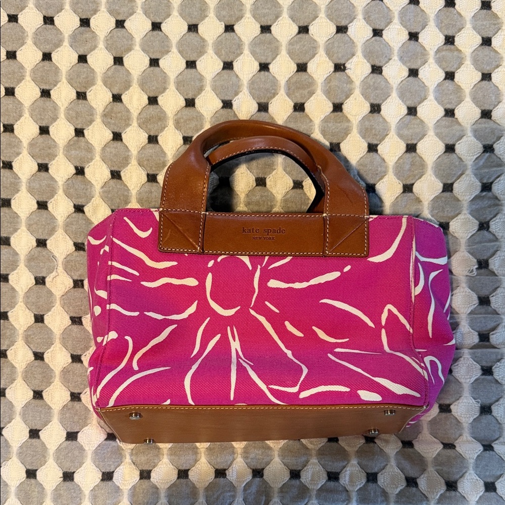 kate spade Pink Canvas Tote with Brown Leather Trim and White Print